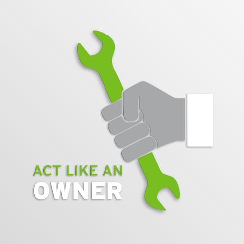 hand holding a wrench with text "Act Like An Owner"