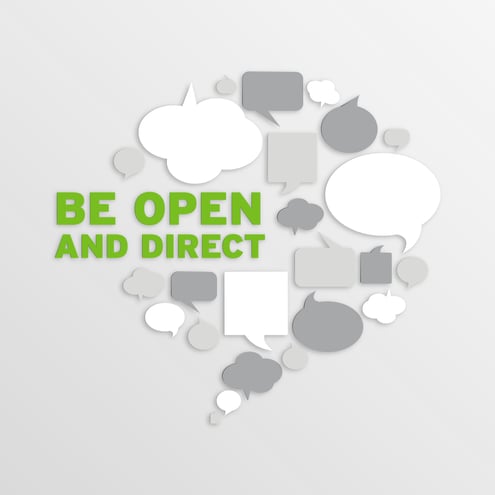 word bubbles with text "be open and direct"