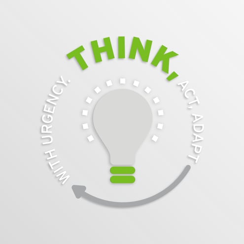 light bulb surrounded by text that says "think, act, adapt with urgency"