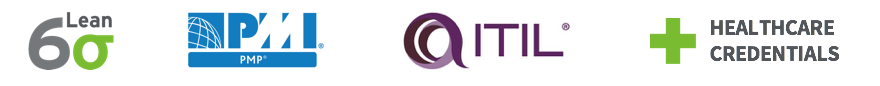 Lean Six Sigma PMP ITIL and Healthcare Credentials logos