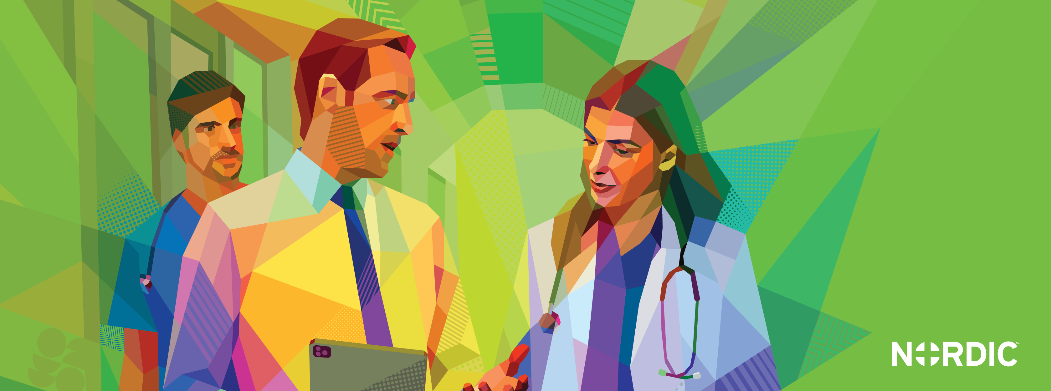 Illustration of 3 medical professionals having a conversation.